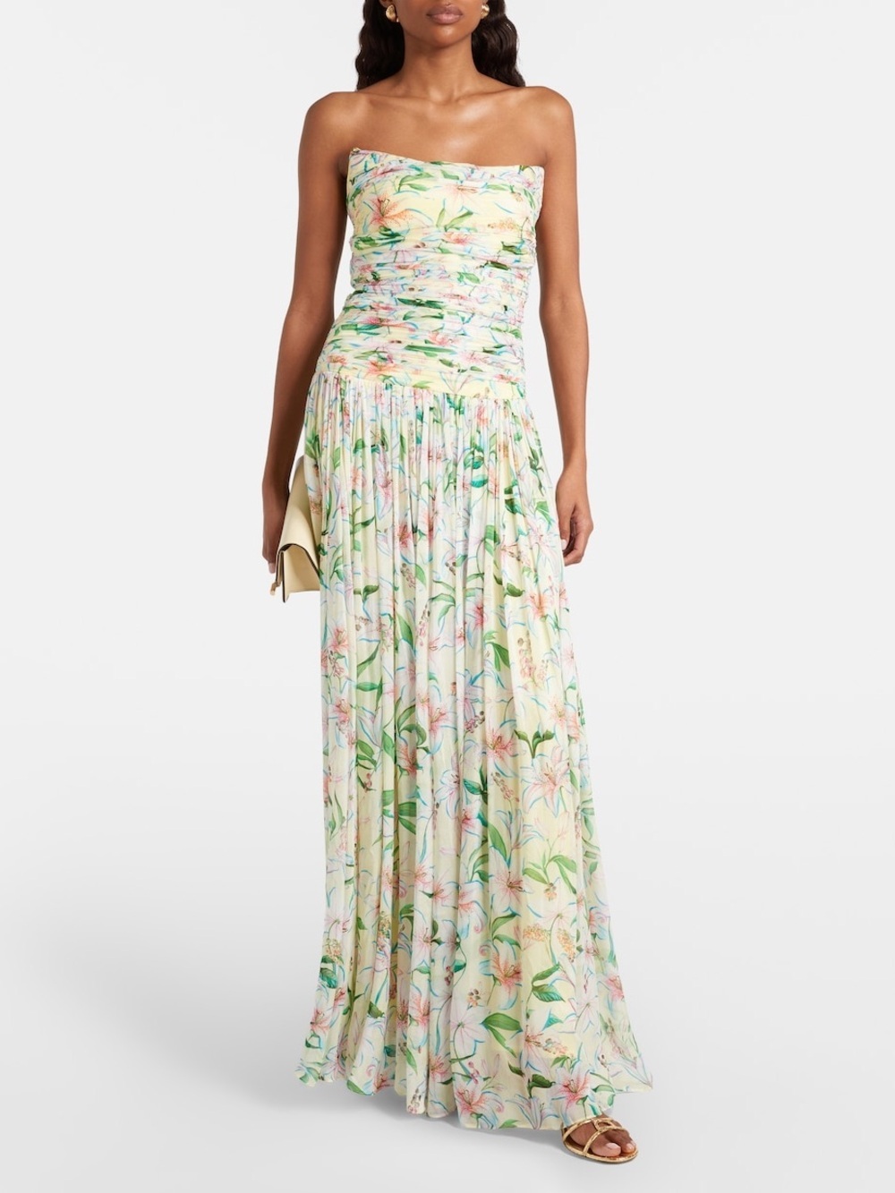 EUC- La Fuori Strapless Floral Maxi Dress in Cream and Green